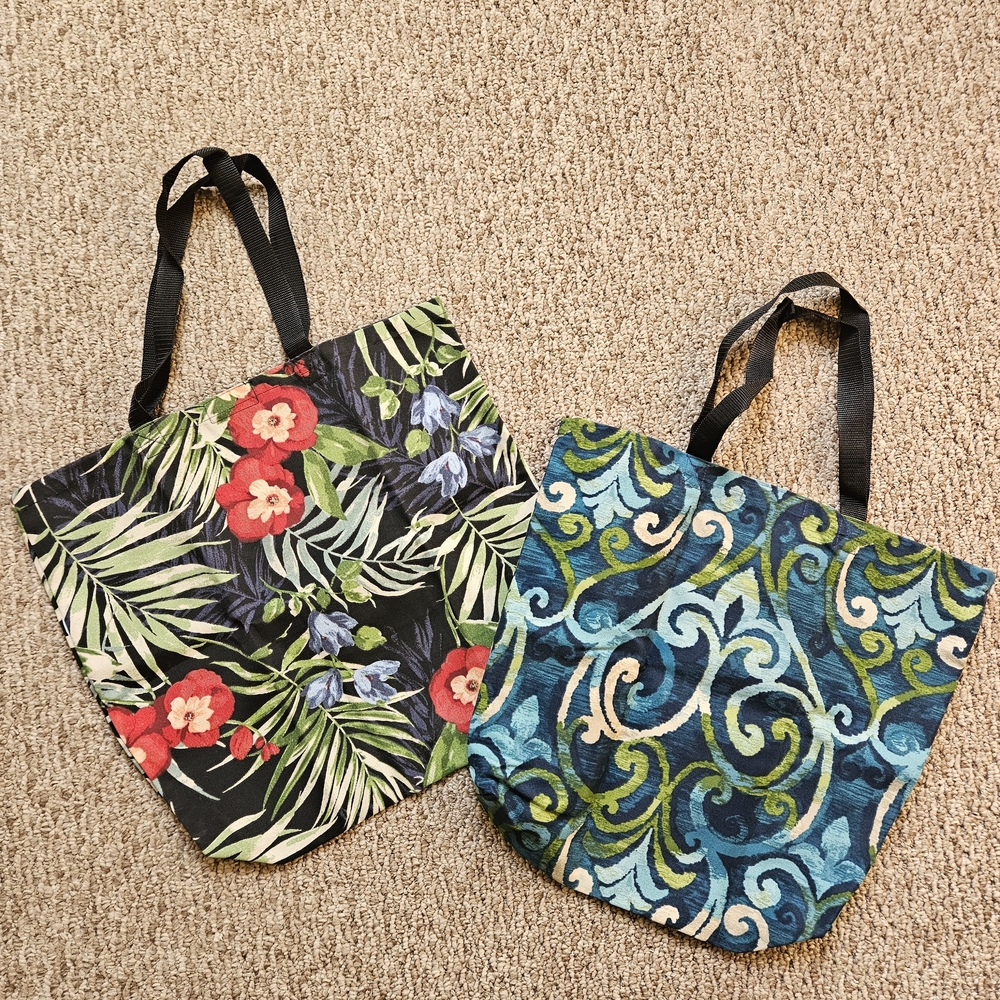 *2pcs* Reusable Canvas Tote Bags/ Beach Bags (Tropical Floral/ Marine Paisley )